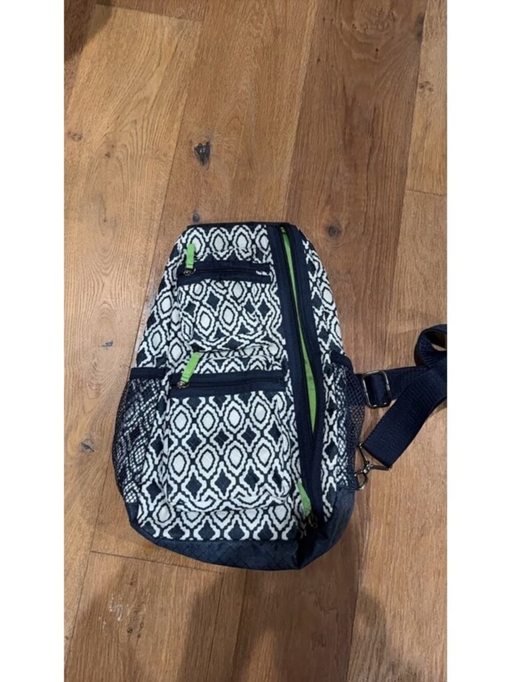 Thirty-One Black and White Patterned Sling Bag with Green Accents 0303